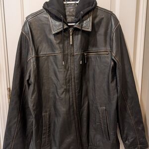 Men's Black Leather Jacket with Hoodie